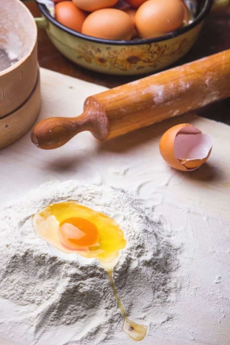 Ingredients for making fresh pasta dough, pasta fresca made by a Italian chefs